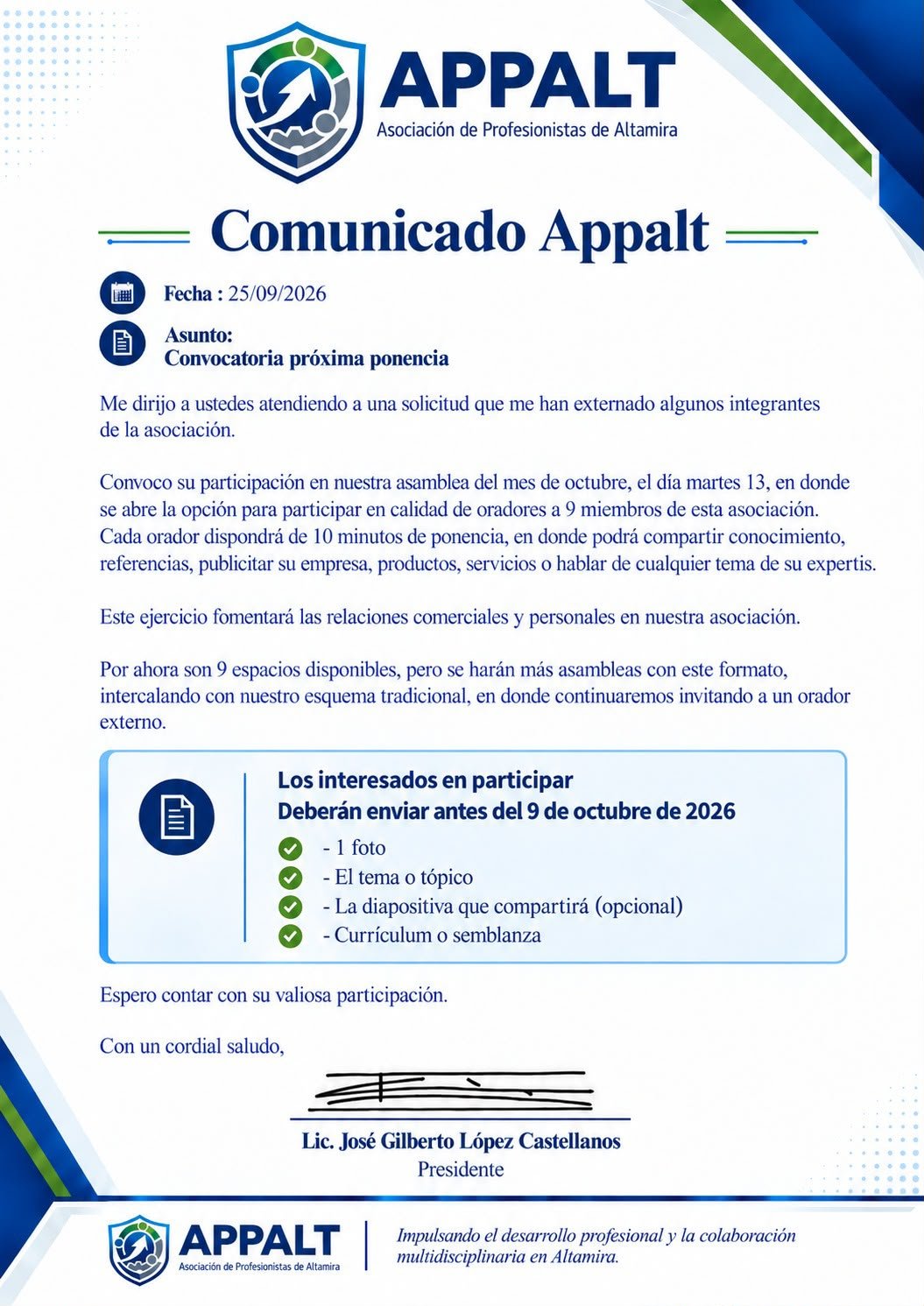 Comunicado oficial de APPALT sobre la asamblea del 13 de octubre de 2026